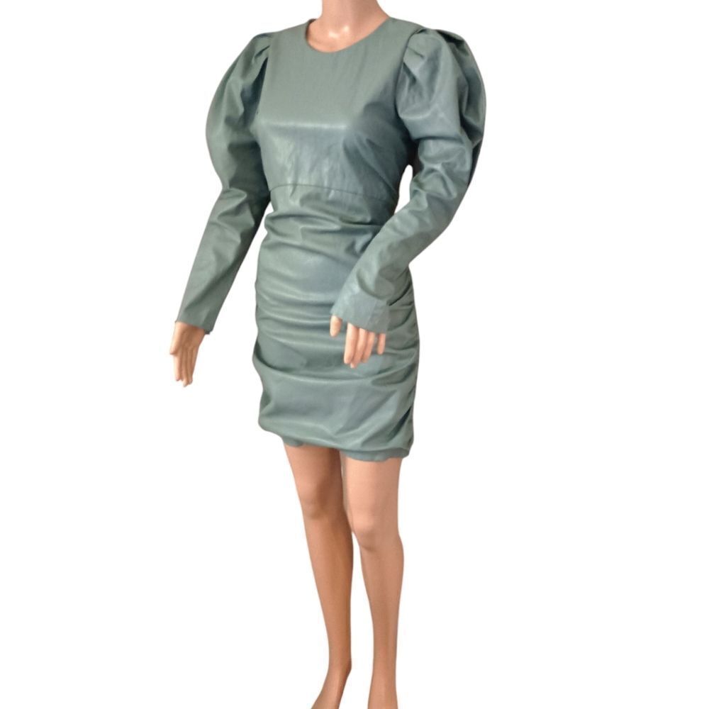 Zara Faux Leather Dress L Sexy Ruched Blogger Puff Sleeves Bodycon Avant Garde - Picture 6 of 16